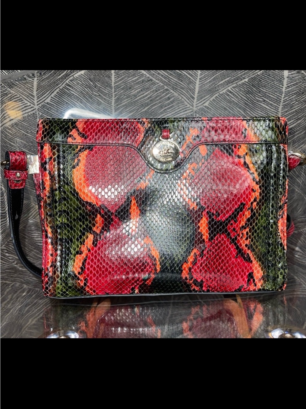 Brahmin Red, Green & Orange Snake-Embossed Leather Wristlet Clutch